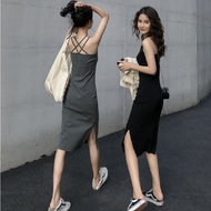 【WJZ】Women's Korean style fashionable slit design mid-length suspender dress【6790】