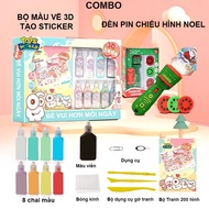 Combo Color Set Drawing Sticker + Christmas Flashlight Set As Gift For Baby