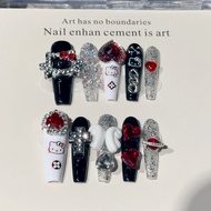 Cute Y2K Hello Kitty Handmade Press On Nails Subculture Anime Gyaru Long Nails 3D Bow Heart Diamond 