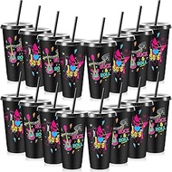 Uiifan 16 Pcs 70s 80s 90s Party Cute Reusable Cups with Lids and Straws 24 oz Cold Drinking Plastic 