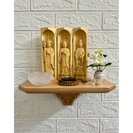 Wall-mounted Buddha altar Combo includes beech wooden shelf and accessories, 20cm high wooden Buddha
