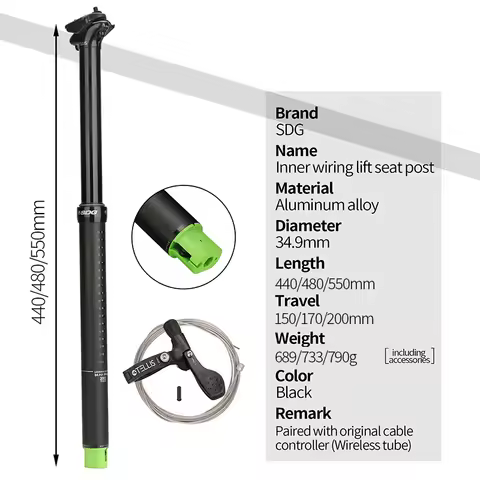 SDG Tellis V1 Lightweight Dropper Seatpost - 34.9mm Travel Adjustable, Ultralight MTB Saddle Post fo