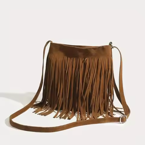 NYXIA Boho Style Fringe Crossbody Bag Vintage Suede Shoulder Bag Women's Large Capacity Casual Fring