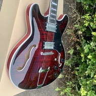 Grote ES335บอดี้กึ่งกลวงแดงเข้มเสือลายกีต้าร์ไฟฟ้า