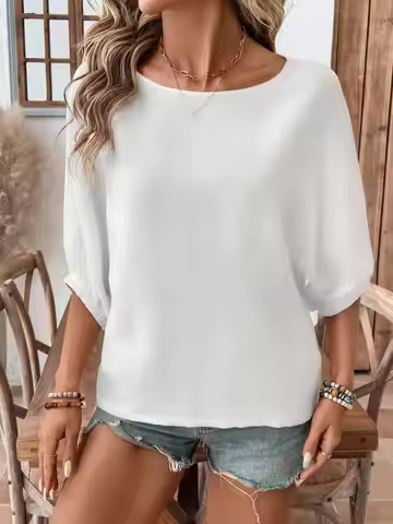 Women's Plain Curved Hem Ribbed Blouse, Casual Bishop Sleeve Top for Summer, Women's Clothing for Da