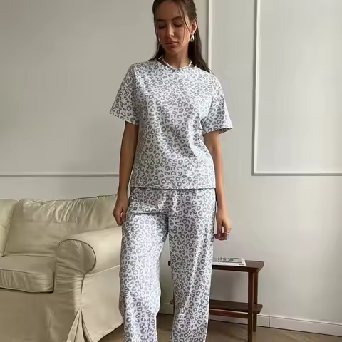 New American-Style Women's Sleepwear Summer Short-Sleeve for Girls, New Leopard Print, Simple Casual