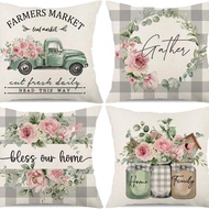 [Single Side] Linen Pillow Case Pink Flowers "Gather" Pattern Pillow Cover 40x40/45x45/50x50/60x60cm