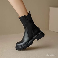 MHWoodpecker Genuine Leather Dr. Martens Boots Women's British Style Mid-Calf Platform Smoke Pipe Chelsea Boots Autumn