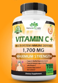 ผิวขาวใสและเสริมภูมิคุ้มกัน NatureLife Labs Vitamin C 1,700 MG with Vitamin D3, Zinc , 100 Veggie Ca