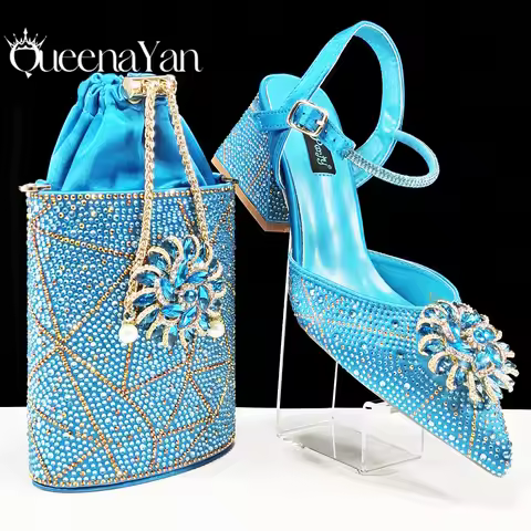 QSGFC 2024 Pointed Toe High Heels Shoes and Bags Set With Rhinestone for Women Wedding Party Elegant