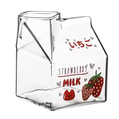 CQMF-350ML Kawaii Square Milk Carton Glass Cup Heat Resistant Cute Strawberry Peach Breakfast Cup Pu