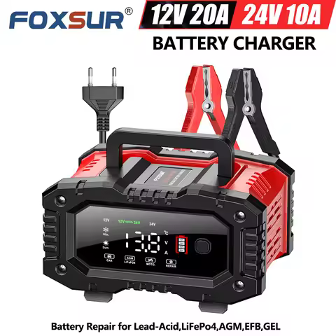 12V 20A & 24V 10A FOXSUR FPT-200 Car Battery Charger for Moto Truck Battery Repair for Lead-Acid AGM