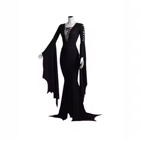 Morticia Addam Halloween Witch Ghost Costume Gothic Floor Train Dress Vampire Vintage Lacing Gown Ro