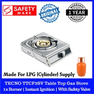 Tecno TTCF3SV Table Top Gas Hob. 1 x Burner. Made For LPG (Cylinder) Gas Supply. Glossy Stainless Steel. Individual drip tray. With Safety Valve. 1 Year Warranty. Safety Mark Approved.