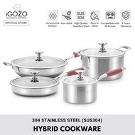 iGOZO Hybrid SUS304 Premium Stainless Steel Cookware (18cm Saucepan/24cm Casserole Pot/24cm Frying Pan/32cm Stirfry Wok)