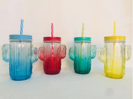 JCE 12  CACTUS JAR W/ STRAW 450ML /  JAR TYPE OF WALL GLASS / DRINKING JAR TYPE GLASSES/ JAR TYPE GLASS WITH COVER AND STRAW/ DRINKING CUP/ JUICE MUG/ JUICE JAR GLASS [ ON HAND ]