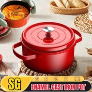 【SG STOCK】Household Red Enamel Pot Cast Iron Pot Cooking Pot  Iron Casserole Stock Pot With Lid