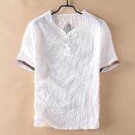 5XL Retro Men's Linen T-shirt Men's Short Mid Sleeve Loose Casual Button Cotton Linen Top Thin