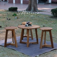 outdoor Table Top Set Round Wooden 50cm Height With 3 Chairs Made From Real Teak Wood Triangle low Model Three Legs Whole Set.