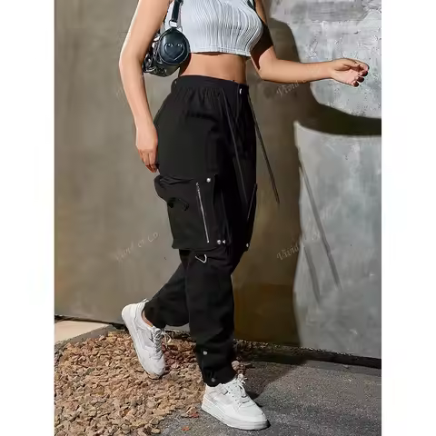 Streetwear Cargo Pants High Waist Straight Leg Utility Pants Drawstring Waist Zipper Pocket Workwear