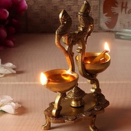 Ethnic Peacock Design Twin Oil Wick Brass Diya ( Length: 5 inches (12.5 cm)  Width: 3 inches (7.5 cm