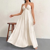 Ready Stock Foreign Trade 1688 Alibaba Women's Romantic Beach Vacation Halter V-Neck White Pleated A