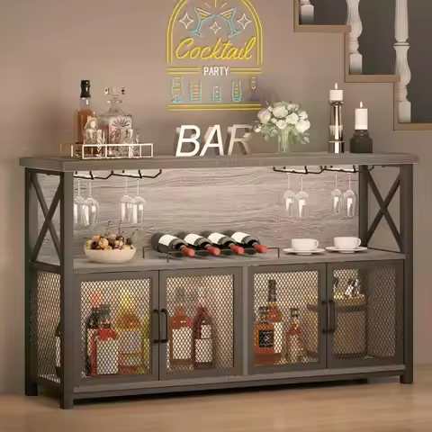 Liquor Home/ Coffee Bar Cabinet, Industrial Farmhouse Modern Sideboard Buffet Cabinet for liquor and