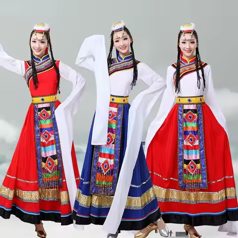 Tibetan Dance Dress Chinese Traditional National Costumes Festival Water Sleeve Minority Mongolian D