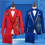 Man 2-piece Outfit Flower Embroidery Single-breasted Blazer Male Straight-leg Pant Men Slim Stage We