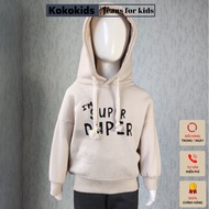 Kokokids boys' sweatshirts have hats and text prints for babies to keep warm in winter | Bts20399