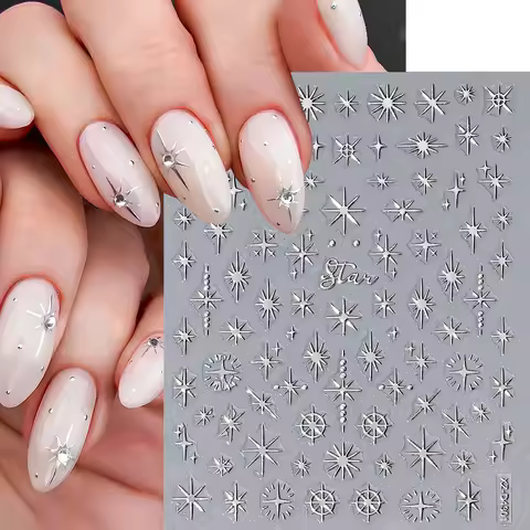1pcs 3D Bronzing Silver Star/Moon/Sun Nail Stickers Metallic Silvery Starlight Y2k Nail Decals 8*10c