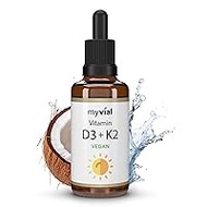 myvial® Vitamin D3 K2 drops vegan high dose 50 ml (1700 drops) - long-term supply with highly bioavailable D3 &amp; 99.7+% All-Trans (K2VITAL® by Kappa) - D3 K2 oil vegan without additives