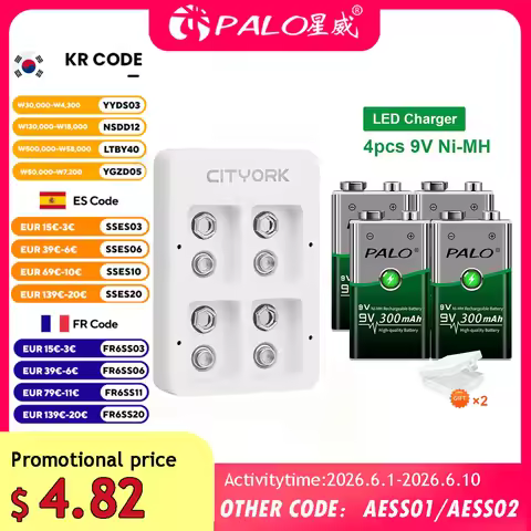 PALO 9V NI-MH Rechargeable Battery 300mAh USB Smart Battery Charger For 9 Volt 6F22 9V NiCd NiMh Lit