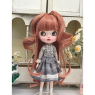 Blythe Small Cloth Hand Changed Hair Dark Orange Wig Flat Bangs Long Curly Hair Doll Accessories