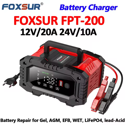 FOXSUR 12V 20A Car Battery Charger for Moto Battery Repair 24V for Truck Lead-Acid AGM LiFePo4 EFB G