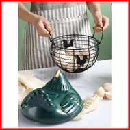 ◪ ✒ Large Stainless Steel Mesh Wire Egg Storage Basket with Ceramic Farm Chicken Top and Handles