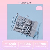 Bộ 14 cọ trang điểm cá nhân kèm túi cọ màu xám Aluminum