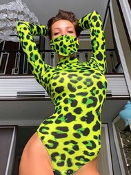 HalloweenPhụ nữ dài tay da báo Prinetd Bodysuit gợi cảm neon xanh streetwear jumpsuit skinny leopard