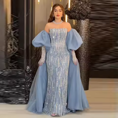 SERENE HILL Arabic Luxury Beaded Blue Mermaid Evening Dress 2026 Strapless Detachable Sleeves Women 