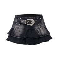 กระโปรงยีนส์สั้นทรงหัวใจสไตล์ Y2K ทรงพังก์ ทรงเอ ผ้าฝ้าย ทรงเข้ารูป กระโปรงสั้นทรงเอแบบพับ ทรงเข้ารู