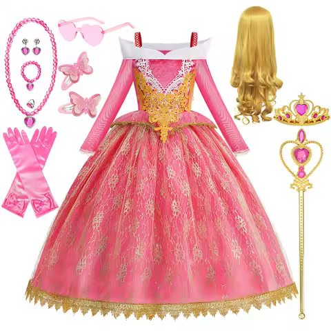 Girls Sleeping Beauty Dress Aurora Kids Princess Halloween Cosplay Dress Off Shoulder Kids Gift Carn