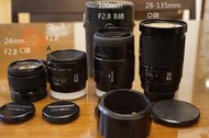 Minolta鏡 50mm微 100mm百微,24mm廣角鏡,28-135mm老妖鏡(Sony A口 E口須轉接)