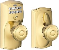 Schlage FE595 CAM 505 GEO Camelot Keypad Entry with Flex-Lock and Georgian Style Knobs, Bright Brass