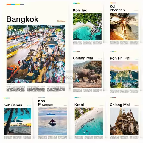 Thailand Travel Posters Bangkok Chiang Mai Krabi Koh Tao Koh Phangan Canvas Wall Art Prints for Mode