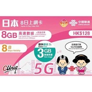 日本【8日】日本4G/5G通話＋極高速 日本無限數據卡 日本上網卡 日本電話卡 旅行電話咭 Data 日本Sim咭（東京，大阪，富壬山，北海道等）