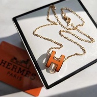 💜 Hermès 愛馬仕 橙色大號 頸鏈 鎖骨鏈 POP H系列 吊墜 琺琅 項鍊 女款 情人節 生日禮物 Necklace, women's Valentine's Day birthday gif