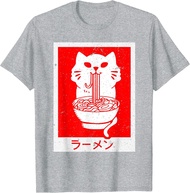 Casual Cotton Daily Four Seasons Tees cotton Anime Cat Ramen Kawaii Neko Noodles T-Shirt Eat Ramen S