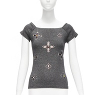 CHANEL silver tone CC logo colorful gems Byzantine Cross embellished fitted top FR36 S