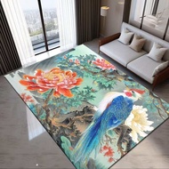 Chinese Classical Style Lotus Loop Pile Carpet Waterproof Non-Slip Easy Care Floor Mat for Living Ro