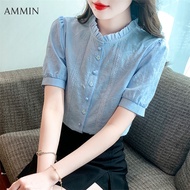 AMMIN Thêu Tay Ngắn Cho Nữ Hàn Quốc Cổ Tai Bằng Gỗ Mới Mùa Hè Áo Ren Thêu Cảm Giác Cơ Bắp Văn Học Áo